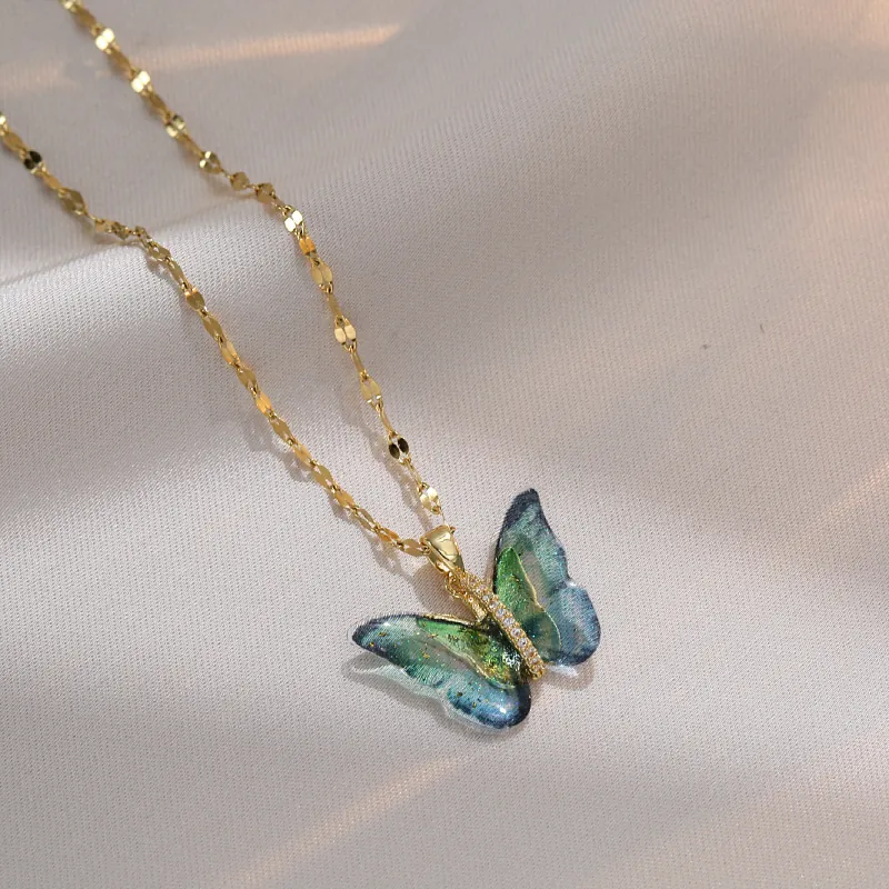 Iridescent Butterfly Pendant Necklace — Gold Chain