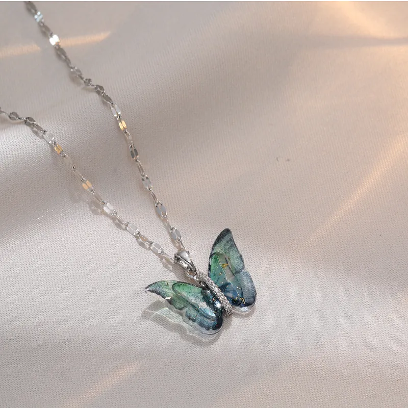 Iridescent Butterfly Pendant Necklace — Silver Chain